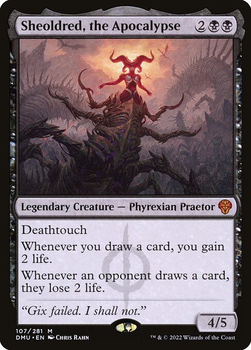 Sheoldred, the Apocalypse, Dominaria United, illustrated by Chris Rahn.